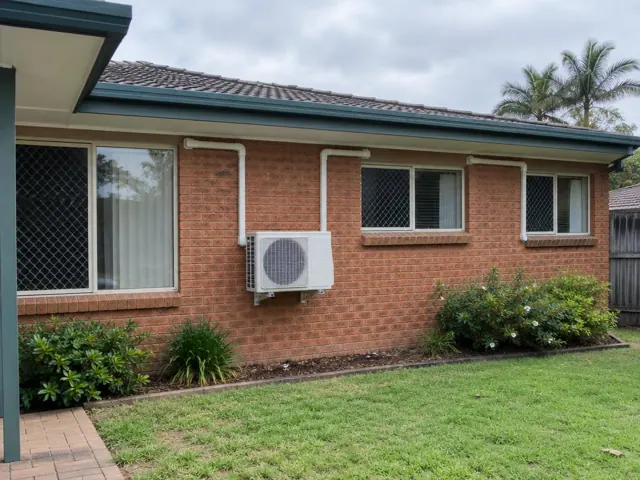 Outdoor split system unit on a brick house wall with pipe covers running to several rooms in Tweed Heads