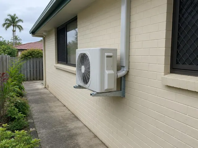 Wall-mounted outdoor air conditioner unit beside a cream brick house with pipe cover in Tweed Heads
